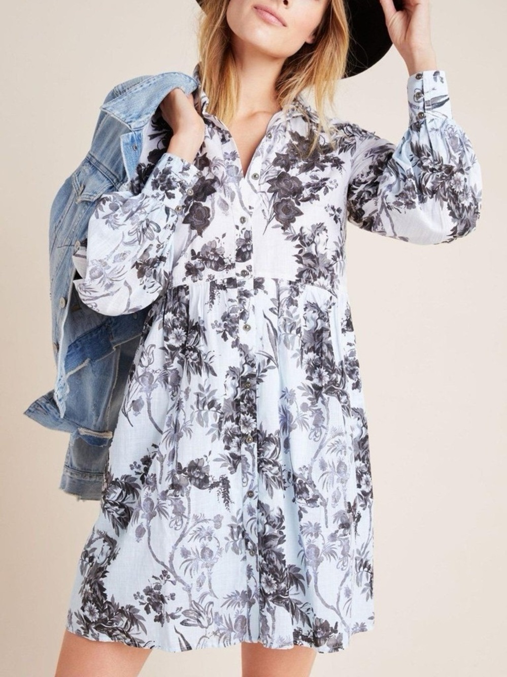Anthropologie | Lavinia Embroidered Shirt Dress | Black White Floral Ombré | 4P